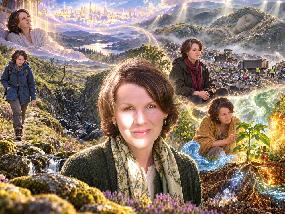 A seamless Welsh uplands montage shows Susan Raven in a moss-green cardigan beside spring water, with smaller depictions walking toward a wounded ravine, meditating near landfill trucks, observing a glowing plant-and-elemental scene, and awakening beneath radiant cities in the clouds.