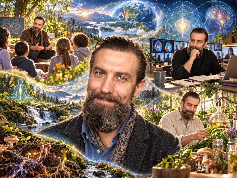 A seamless cinematic montage shows John Churchill in a central charcoal jacket and blue shirt, with smaller scenes of him teaching a circle, studying notes and brain scans at screens, and tending greenhouse plants, mushrooms, water, and glassware amid glowing Earth, roots, waterfalls, mandala lines, and clouds.