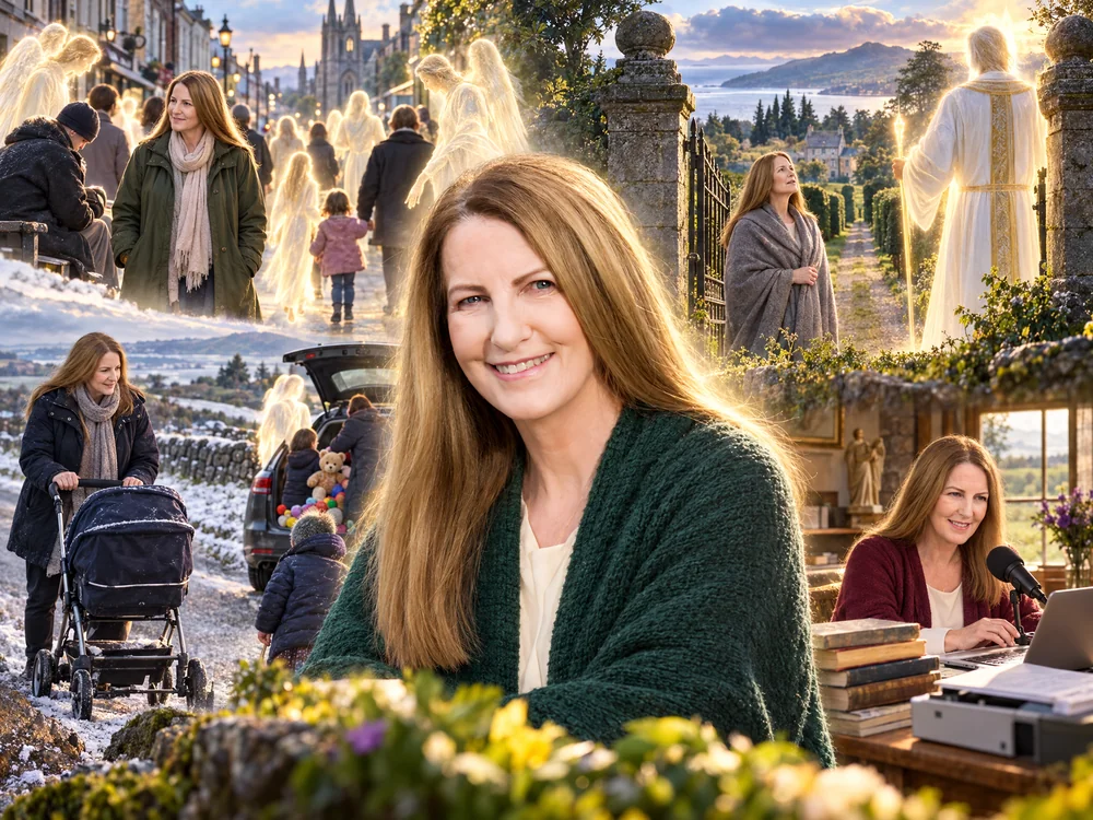 A seamless montage shows Lorna Byrne in a large emerald-shawl portrait, with surrounding scenes of her walking among luminous angels, pushing a pram near a car of toys, speaking at a laptop, and standing by stone sanctuary gates in Ireland.