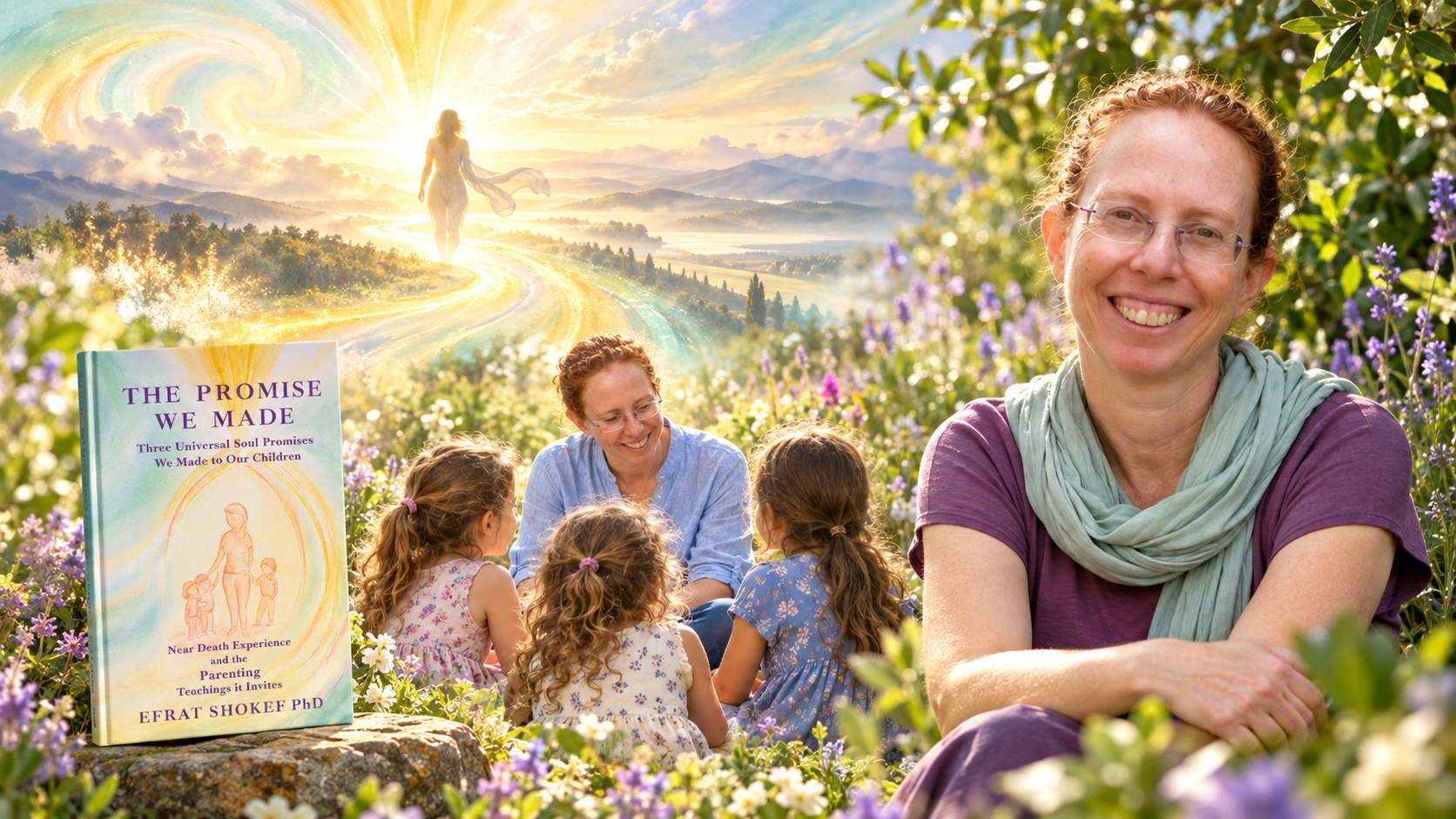 Efrat Shokef with her book The Promise We Made, a symbolic scene of listening to three children, and a luminous landscape representing her near-death experience.