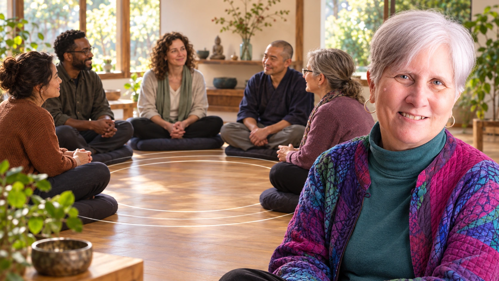 Zen teacher and author Julie Nelson beside a meditation group seated in a circle, suggesting shared practice, trust, and accountability.
